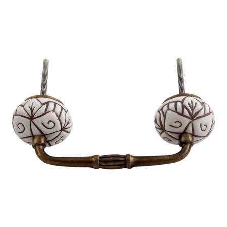 White Base Brown Etched Ceramic Floral Bridge Handle